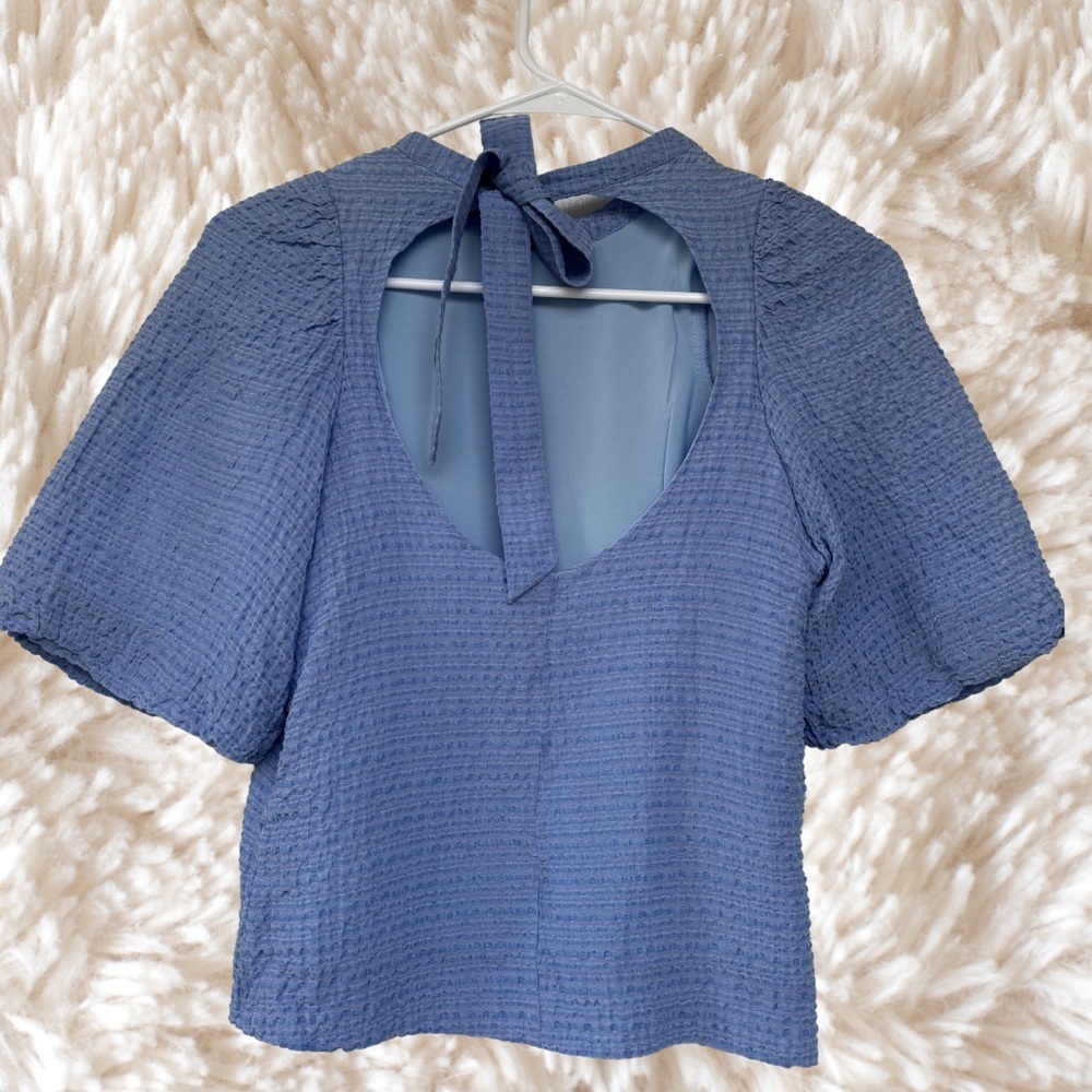 Title:
Textured Blue Puff Sleeve Top – Short Sleeve Crew Neck Blouse - Picture 3 of 8